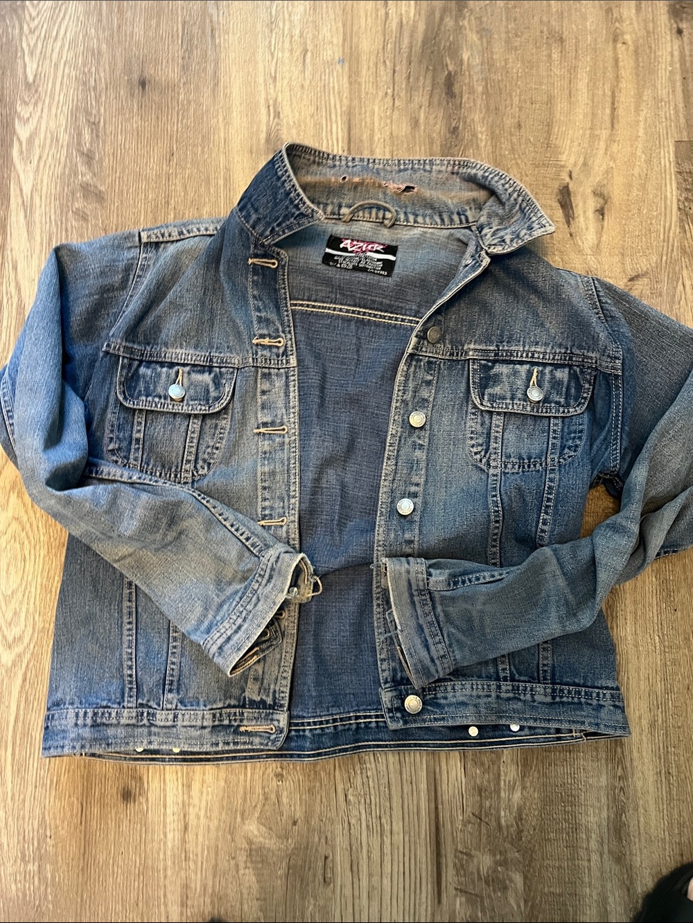 Azur Men’s Medium Thrashed Distressed Denim Jacket Grunge Streetwear Y2K